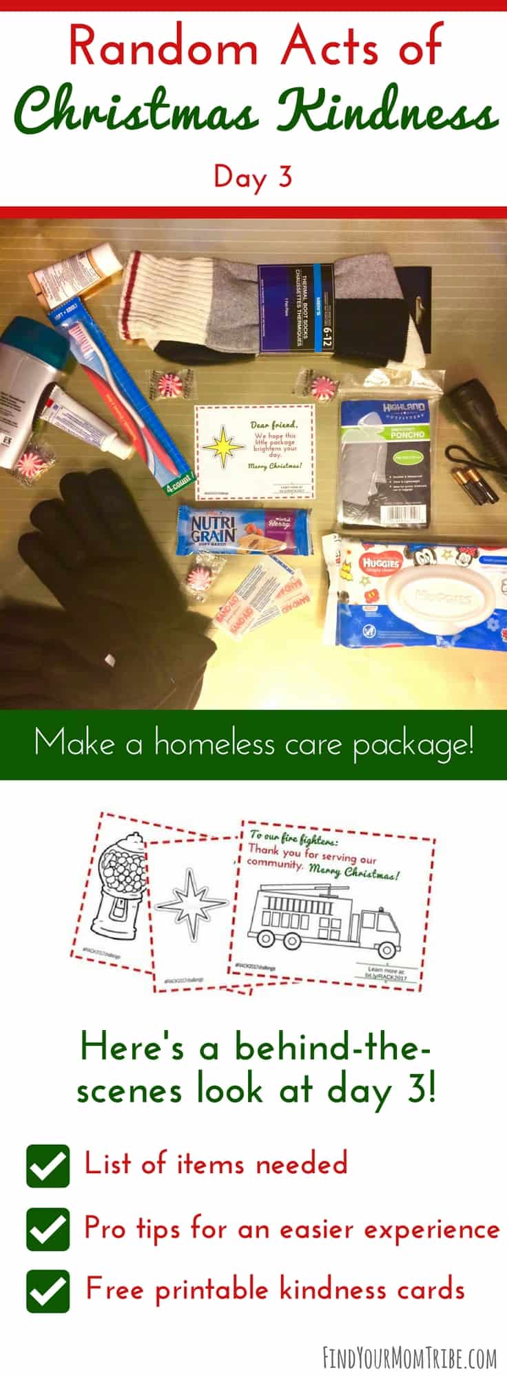 What a great idea! How to create a care package for the homeless. Join the Random Acts of Christmas Kindness challenge and grab your free printable kindness cards! #Christmas #MerryChristmas #blessothers #Christmas2017 #Christmasprintables #RandomActsofKindness #RandomActsofChristmasKindness #freekindnesscards #RACK #ROAK