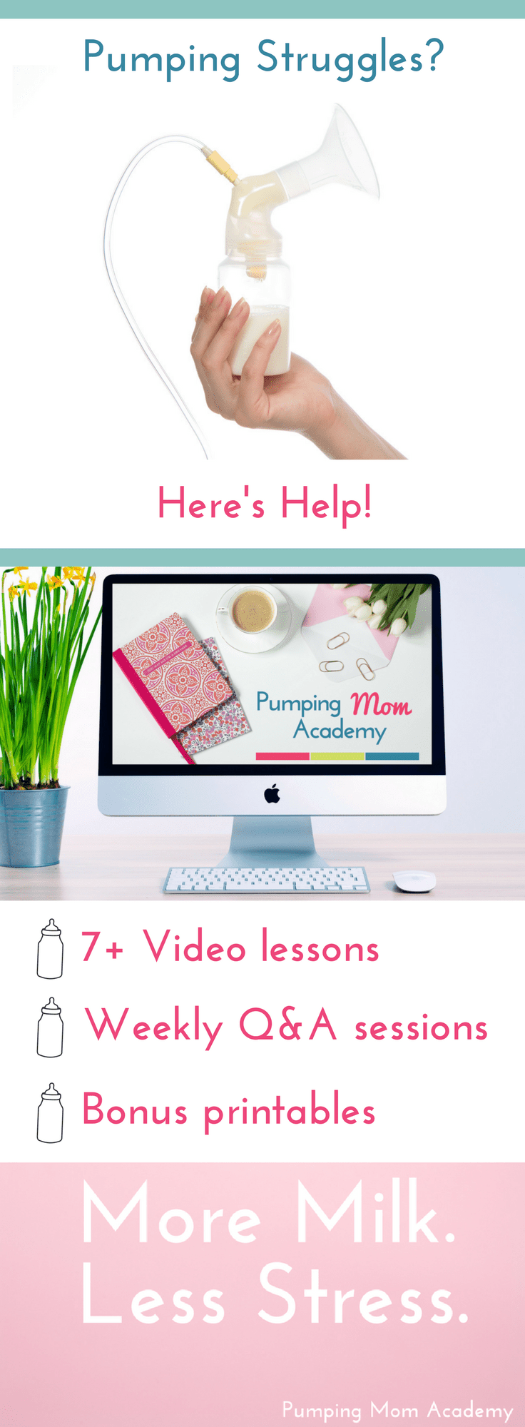 Are you a new mom struggling to pump milk for your baby? Pumping Mom Academy has got you covered! You'll learn how to not dread pumping, how to create a pumping schedule, how to increase low supply, how to get more milk out when you pump, and SO much more. Click to learn more! #breastfeeding #newborn #pumping #exclusivelypumping #imakemilk #breastfeeding #lowsupply #pumpinghacks #pumpingexclusively #pumpingschedule #pumpingatwork