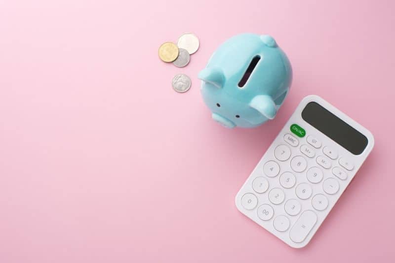 Piggy bank, calculator and coin on pink background, saving money concept