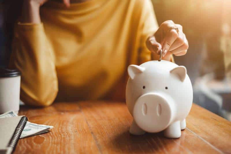 woman hand putting money coin into piggy for saving money