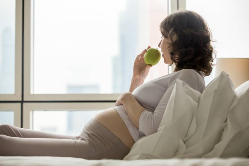 portrait of happy young pregnant model holding green apple while looking through the window and lying on the bed