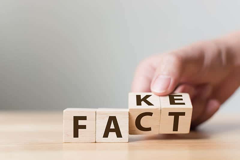 Fact or Fake concept, Hand flip wood cube change the word