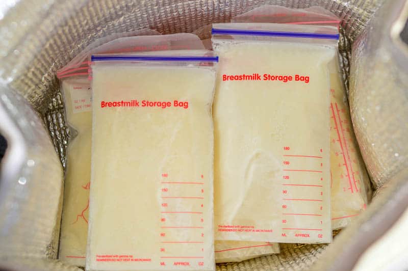 Breast milk frozen in cooler bag for baby