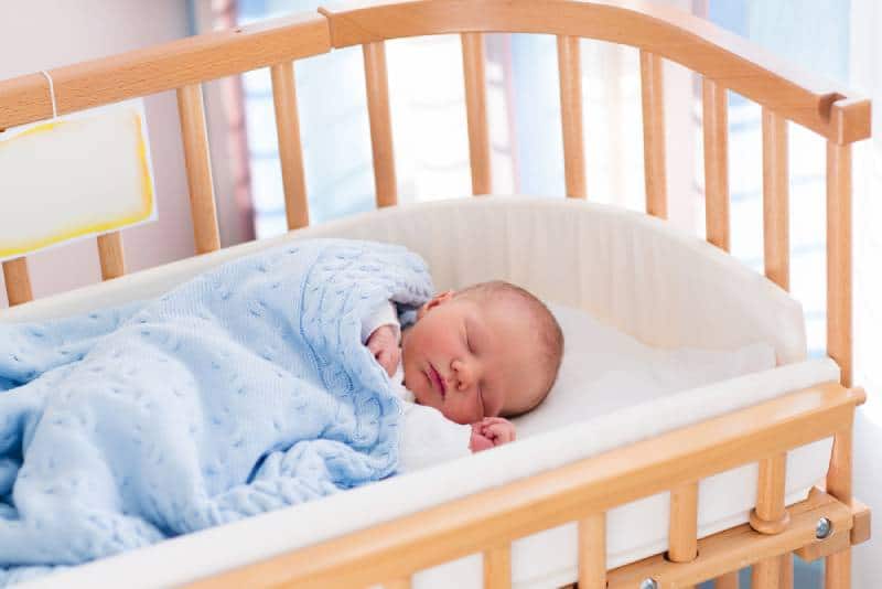  New born child in wooden co-sleeper crib covered with blue blanket