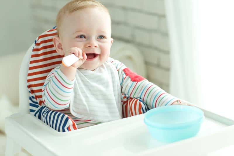 Happy Young Baby Boy In High Chair at home