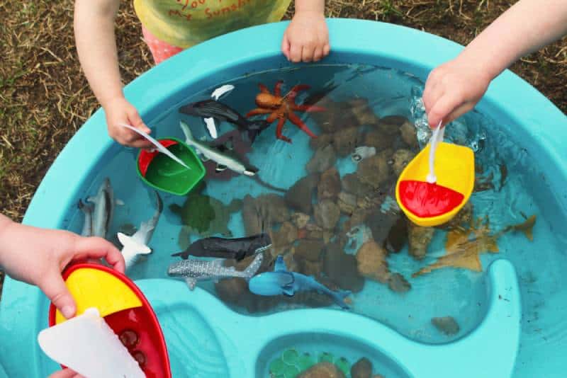 Children Playing with Boats and Sea Creature/Ocean Life Toys in a Water Table