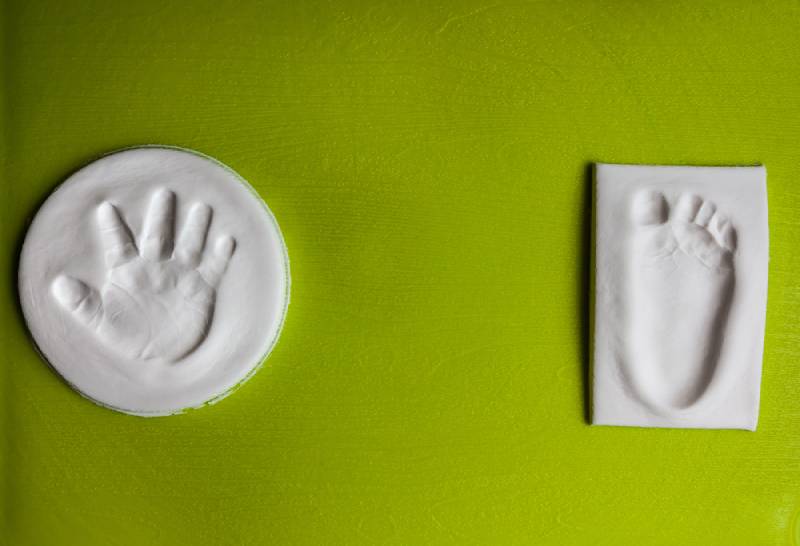 Royalty-free stock photo ID: 329092703 Baby handprint and footprint with copy space on green background