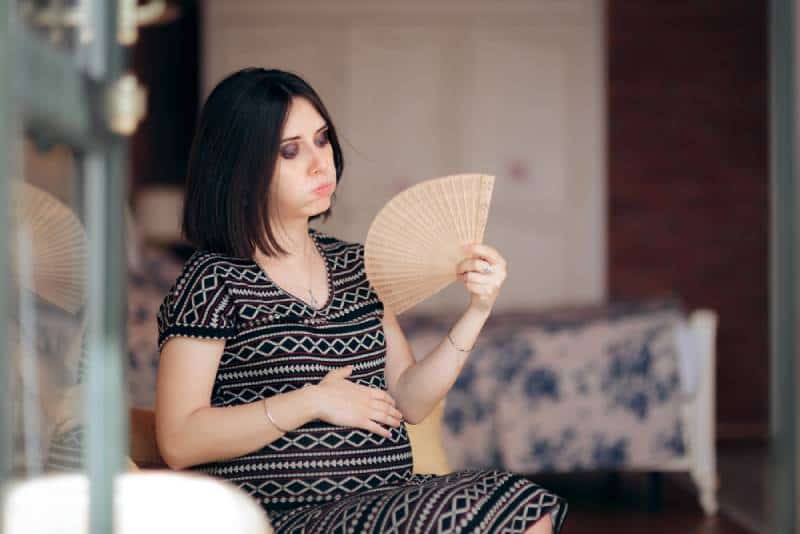 Pregnant Woman Fighting Hot Flushes with a Fan