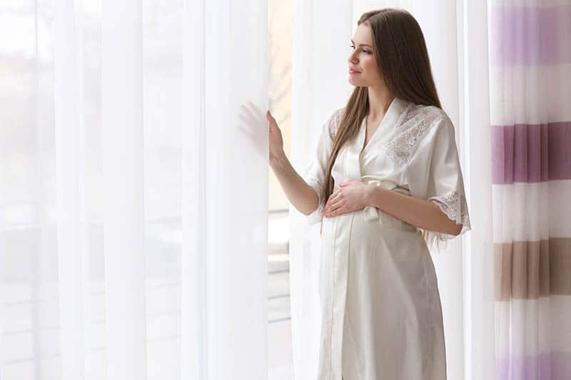 beautiful pregnant woman standing by the window