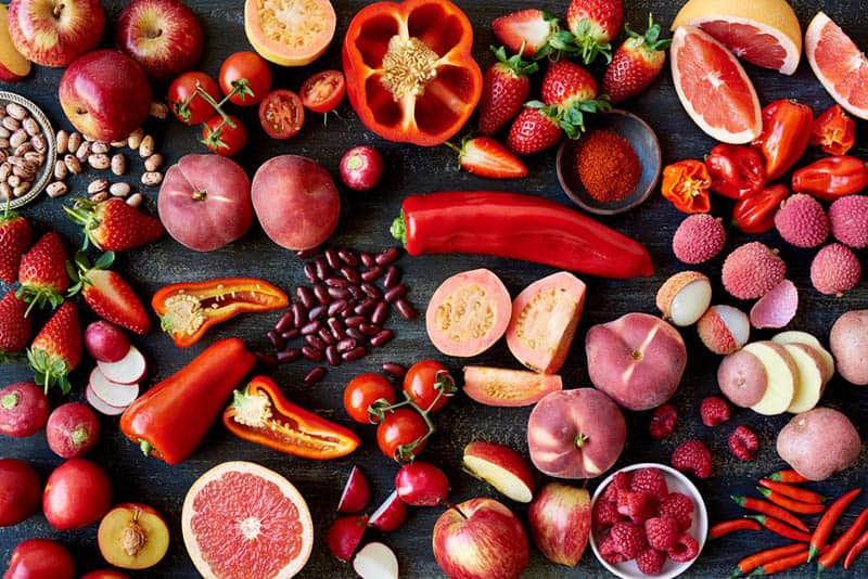 fresh vegetables and fruits in red color