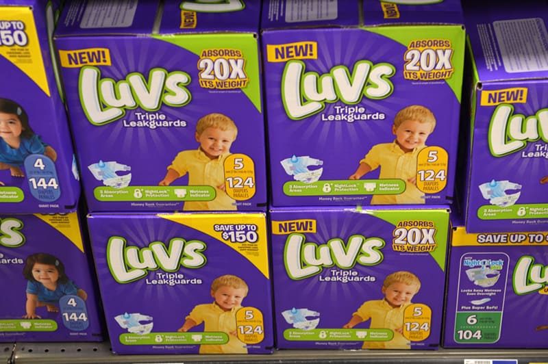luvs diapers packages on the shell in store