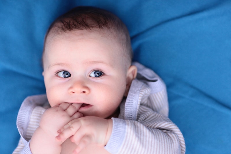 adorable baby boy with blue eyes holding hand in mouth because of teething