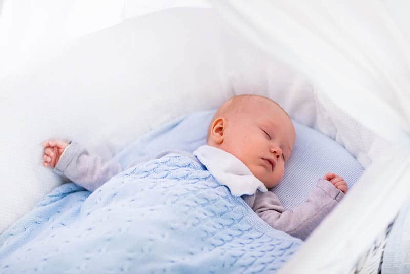 adorable baby boy sleeping in a bassinet under the blue knitted blanket