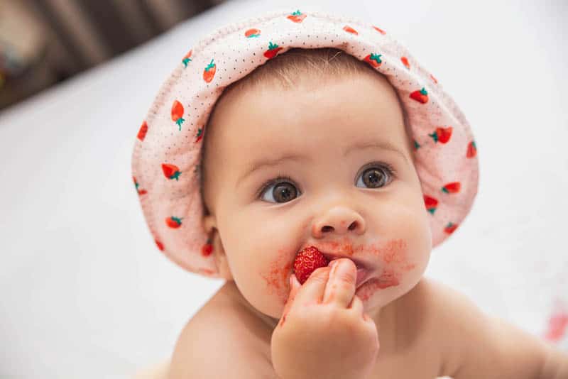 adorable baby with hat chewing a strawberry