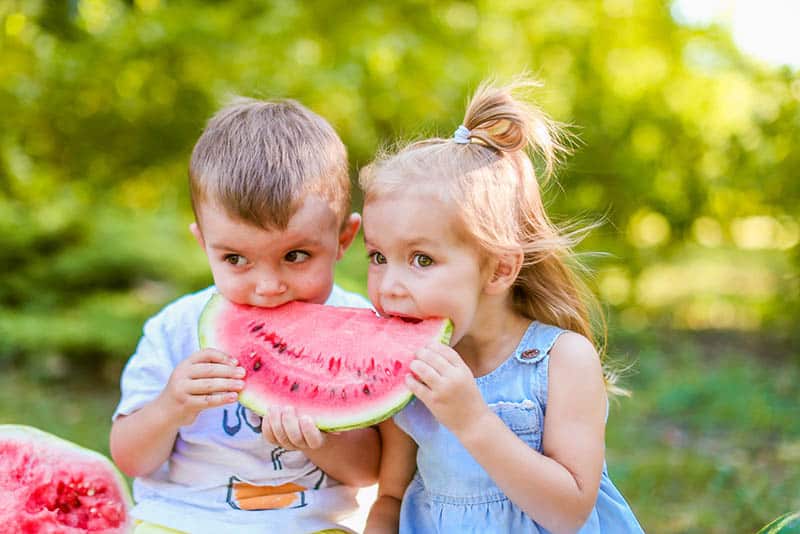 cute little boy and a girl eating together watermelon outdoor