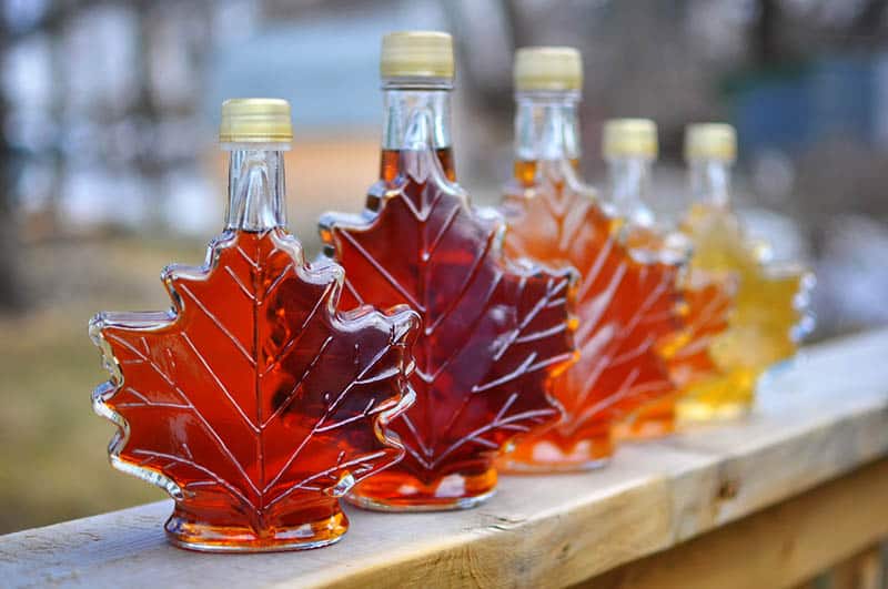 maple syrup in different colors in bottles shape of lief outdoor