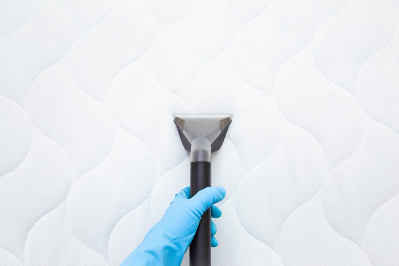 woman with blue glove on hand cleaning the white mattress