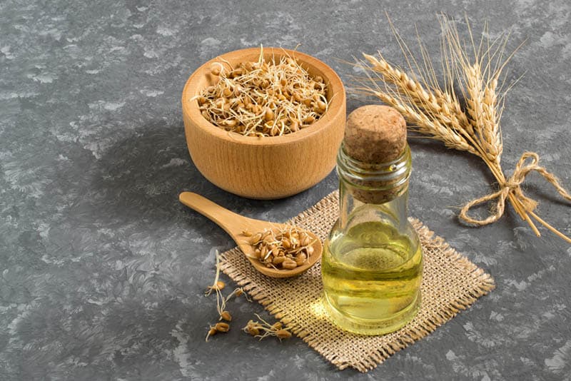 wooden bowl of wheat seeds with spoon and a bottle of germ oil on the grey table