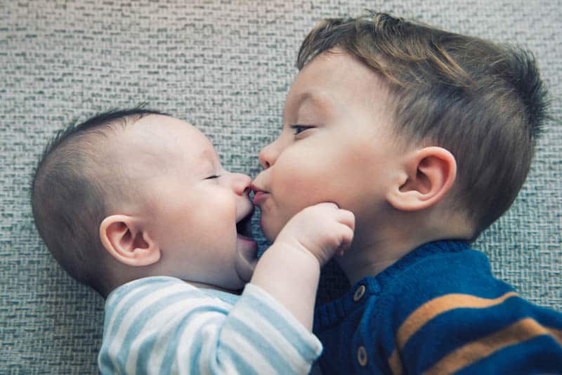 cute little boy kissing his baby brother in nose