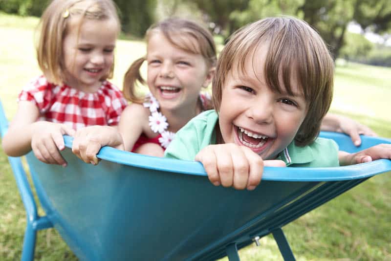 three happy kids sitting in a wheelbarrow on the grass outdoor