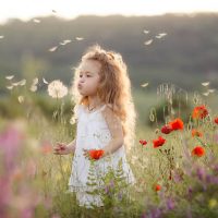 cute little girl playing in a summer flower garden