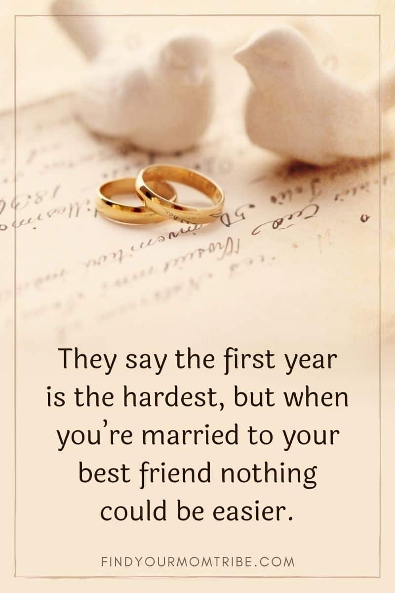 One year anniversary quote on a beige backround with wedding rings and two doves
