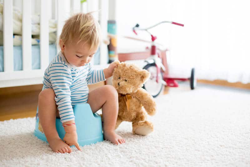 cute baby toddler on a potty train playing with his teddy bear