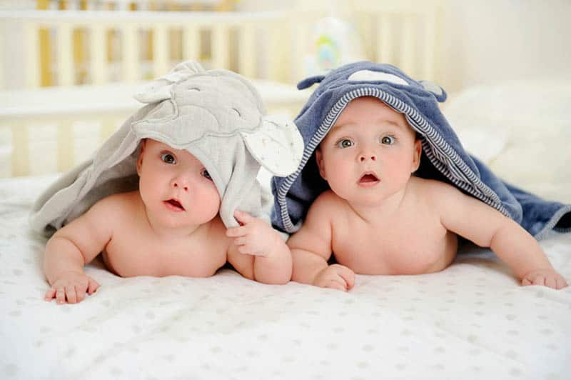 cute twin babies lying on the bed on tummy