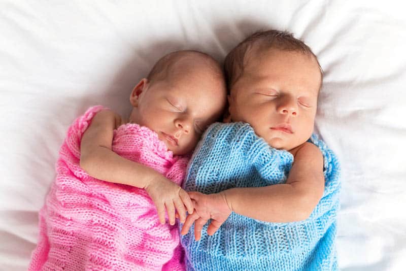 cute twin brother and sisters sleeping wrapped into colorful blankets