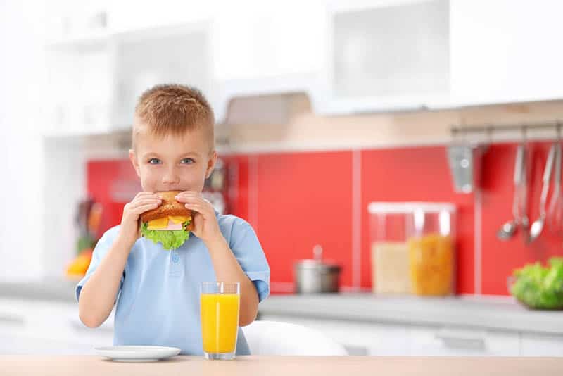 little boy eating a sandwich in the kitchen
