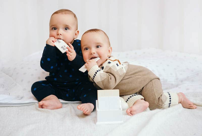 sweet twin babies chewing wooden boards 