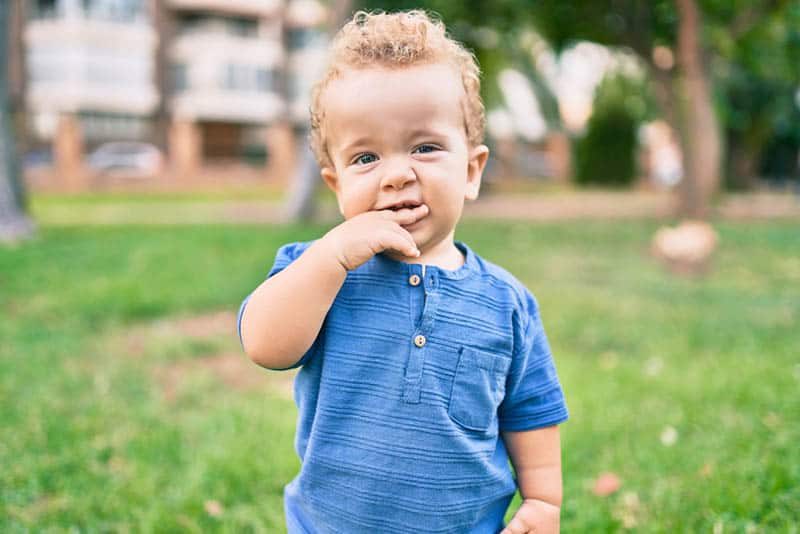 cute baby boy standing outdoor and biting his finger