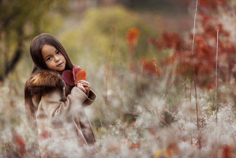 little girl playing with autumn fallen leaves