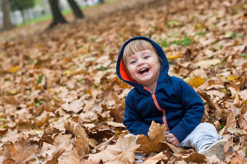 adorable baby boy laughing and playing in the autumn leaves