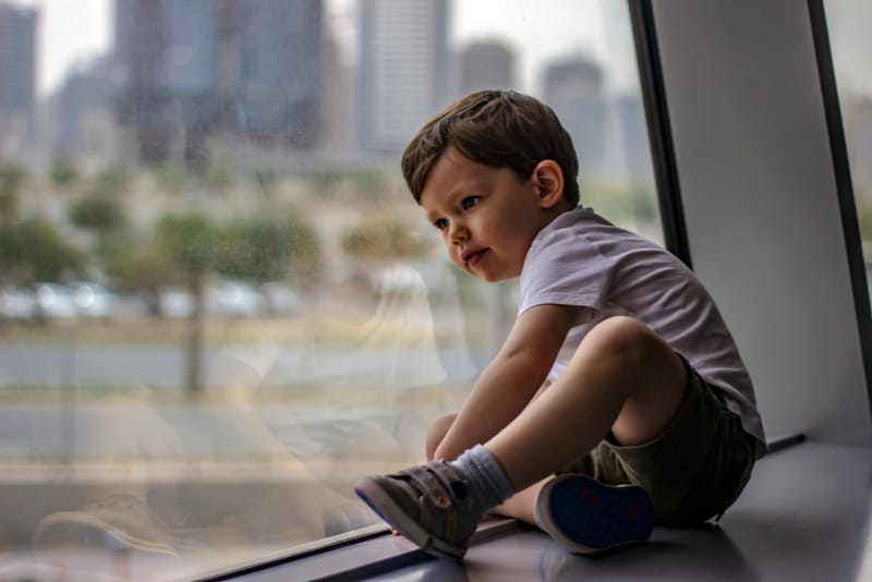 cute little boy sitting near the window at the day time