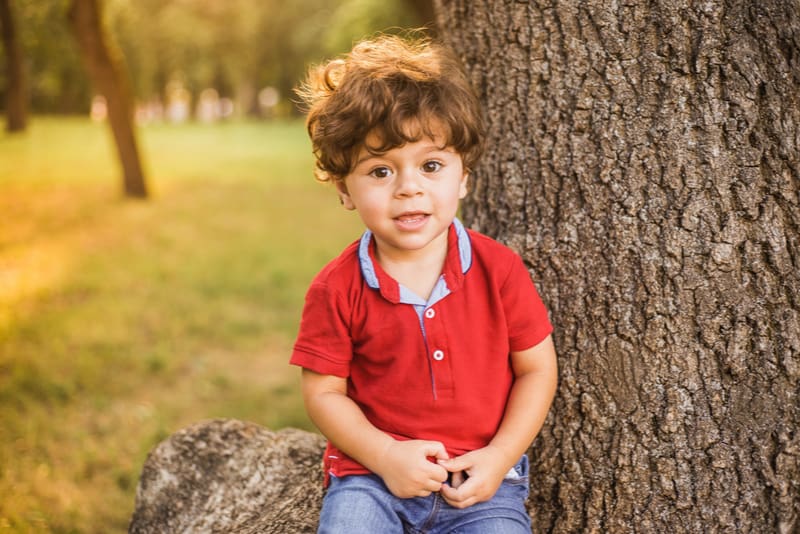 cute little toddler boy sitting under huge tree