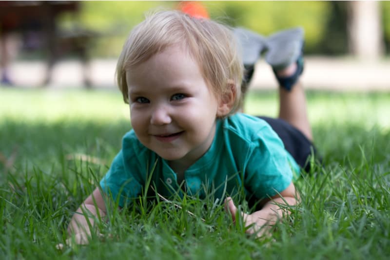 Happy child lies on green grass in the park on a sunny day