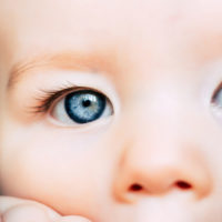 baby with blue eyes staring into the camera