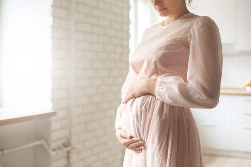 beautiful pregnant young woman holding her belly