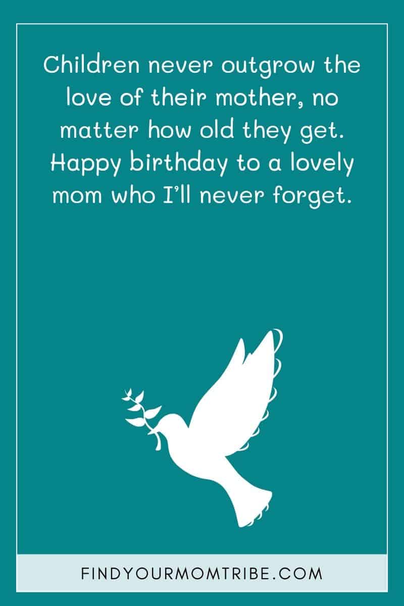 Short Birthday Message For Mom In Heaven: "Children never outgrow the love of their mother, no matter how old they get. Happy birthday to a lovely mom who I’ll never forget."