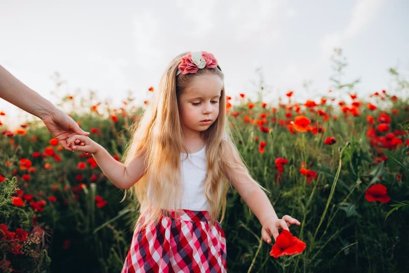 little girl with long hair in a field